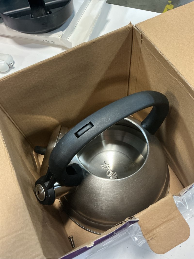 Condition photo showing As Is for mr. coffee flintshire 1.75-quart stainless steel whistling tea kettle – brushed satin finish stove-top kettle for boiling water 1.8 quarts brushed satin