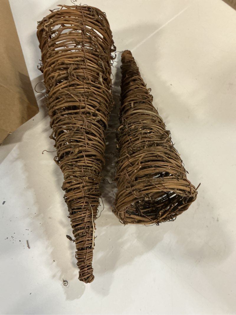 Condition photo showing Good Condition for 2 Pcs Lighted Christmas Cone Tree Rattan Table Decoration 12'' 10'' Xmas Artificial Rattan Red Berries Green Leaves Table Centerpiece Cone Tree 2 Various Sizes for Winter Party Village Decor