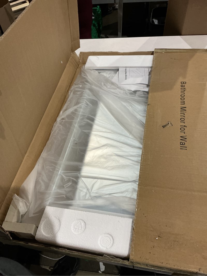 Condition photo showing New/Like New for smiror brushed silver bathroom mirror for over sink, 20”x 24” metal thick framed rectangle vanity mirror for wall, right angle corner, anti-rust, horizontally or vertically mounted silver 24"l x 20"w
