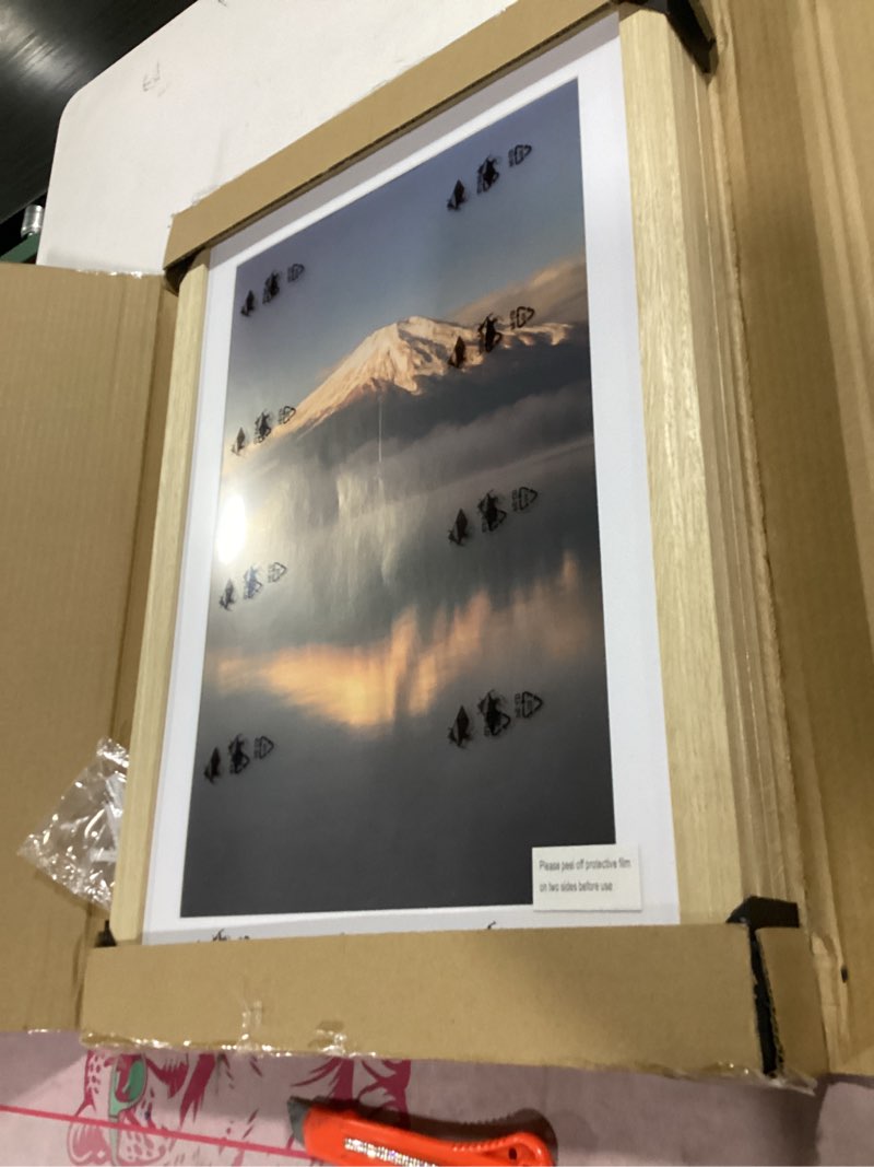 Condition photo showing New/Like New for 13x19 poster frame, display pictures 11x17 with mat or 13x19 without, wall hanging frames, natural oak, 3 pack natural oak 13x19