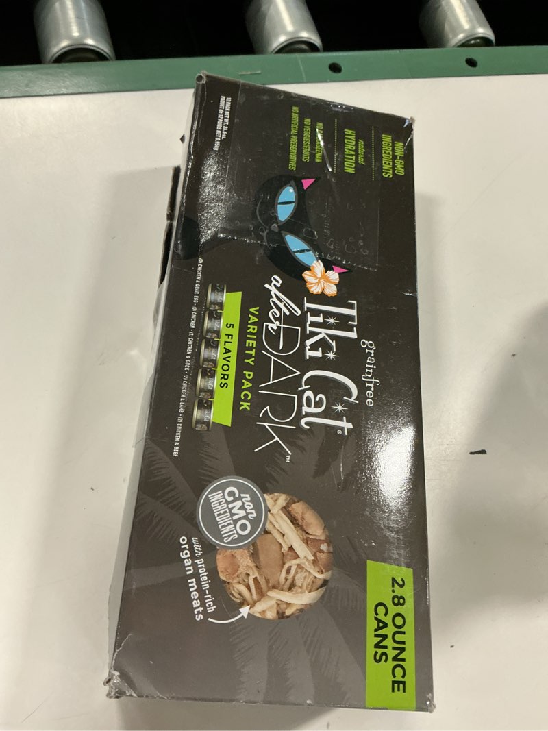 Condition photo showing New/Like New for (Best By:May/2028)Tiki Cat After Dark, Variety Pack, High-Protein and 100% Non-GMO Ingredients, Wet Cat Food for Adult Cats, 2.8 oz. Cans (Pack of 12) 2.8 Ounce (Pack of 12)