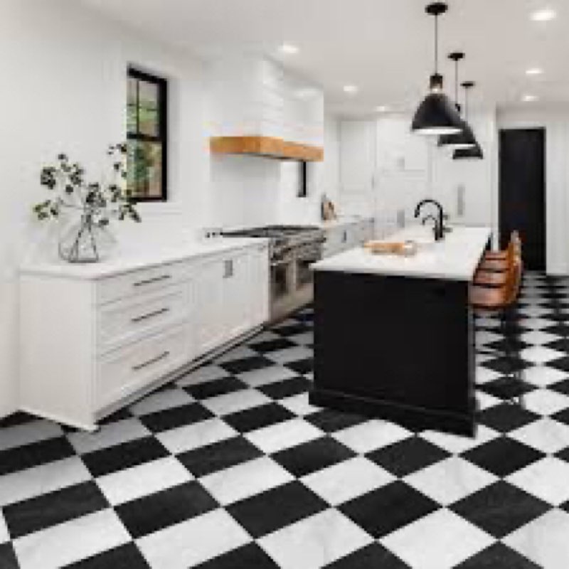 12” x 12” peel and stick vinyl floor tiles, black y white marble