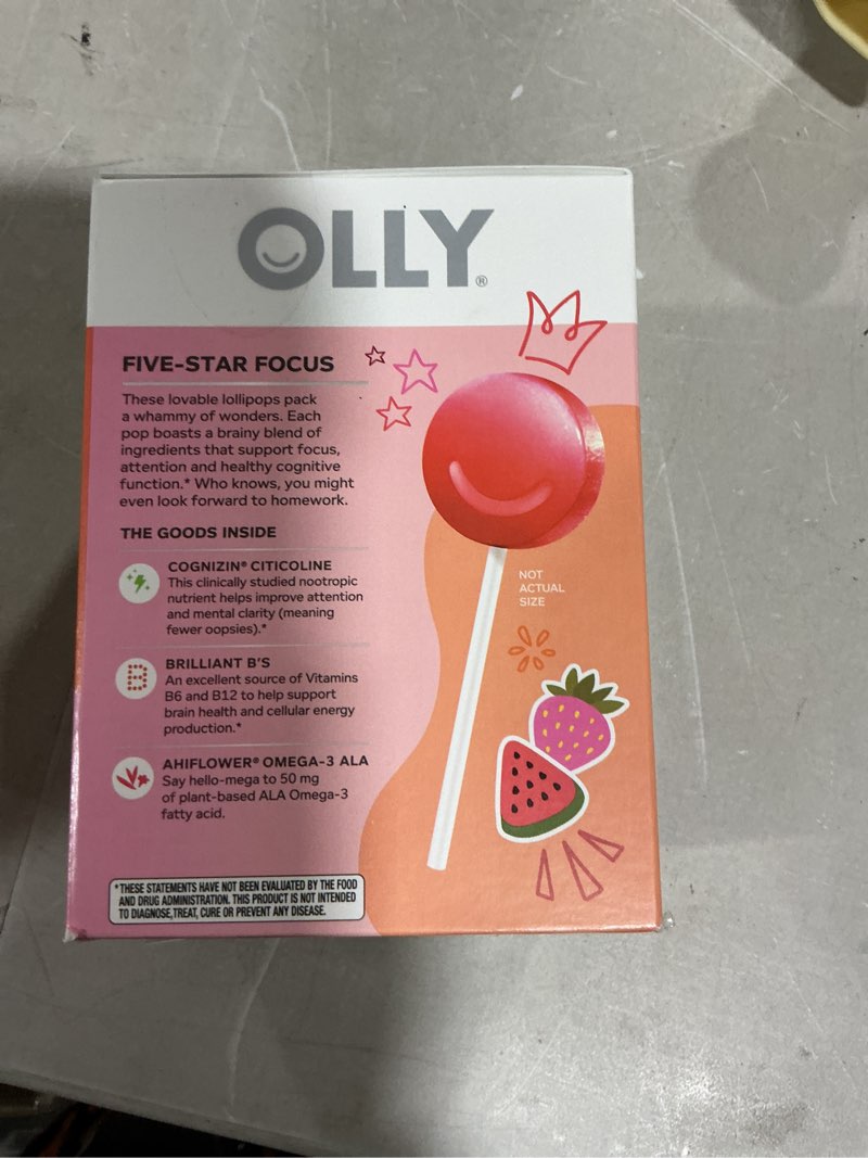 Condition photo showing New/Like New for OLLY Focus Buddies L’OLLY Pops, Cognizin, Vitamins B6 and B12, Omega-3 ALA, Supports Focused Attention and Healthy Brain Function,* Kids 4+ Dietary Supplement, Watermelon Strawberry Flavored, 25 Count