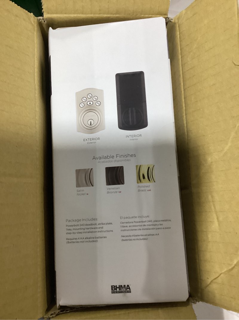 Condition photo showing As Is for kwikset powerbolt 240 5-button keypad satin nickel traditional electronic deadbolt door lock, featuring convenient keyless entry, customizable user codes and auto-locking