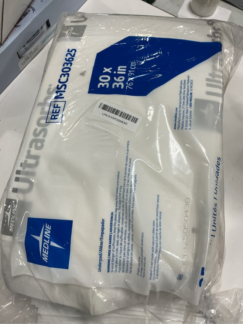 Condition photo showing New/Like New for medline ultrasorbs drypads, 30" x 36", 25 count, super absorbent disposable bed pads, large incontinence bed pads, chucks protective underpads, 10 times more absorbent, for adults, elderly