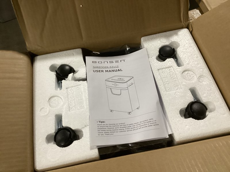 Condition photo showing New/Like New for bonsen 14-sheet paper shredder for home office, heavy duty cross cut shredder with 5.3 gal pullout bin, quiet shredder for cds/credit card/staple, p-4 security, anti-jam system 14-sheet cross cut