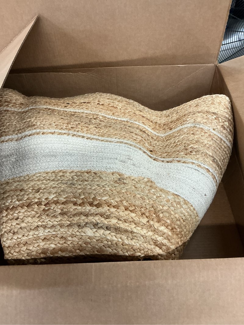 Condition photo showing Good Condition for gruhum handwoven 3ft jute area rug- natural fiber cotton round boho farmhouse rustic vintage soft braided reversible eco-friendly rugs-indoor kitchen bedroom living room hallways (3' ft round)