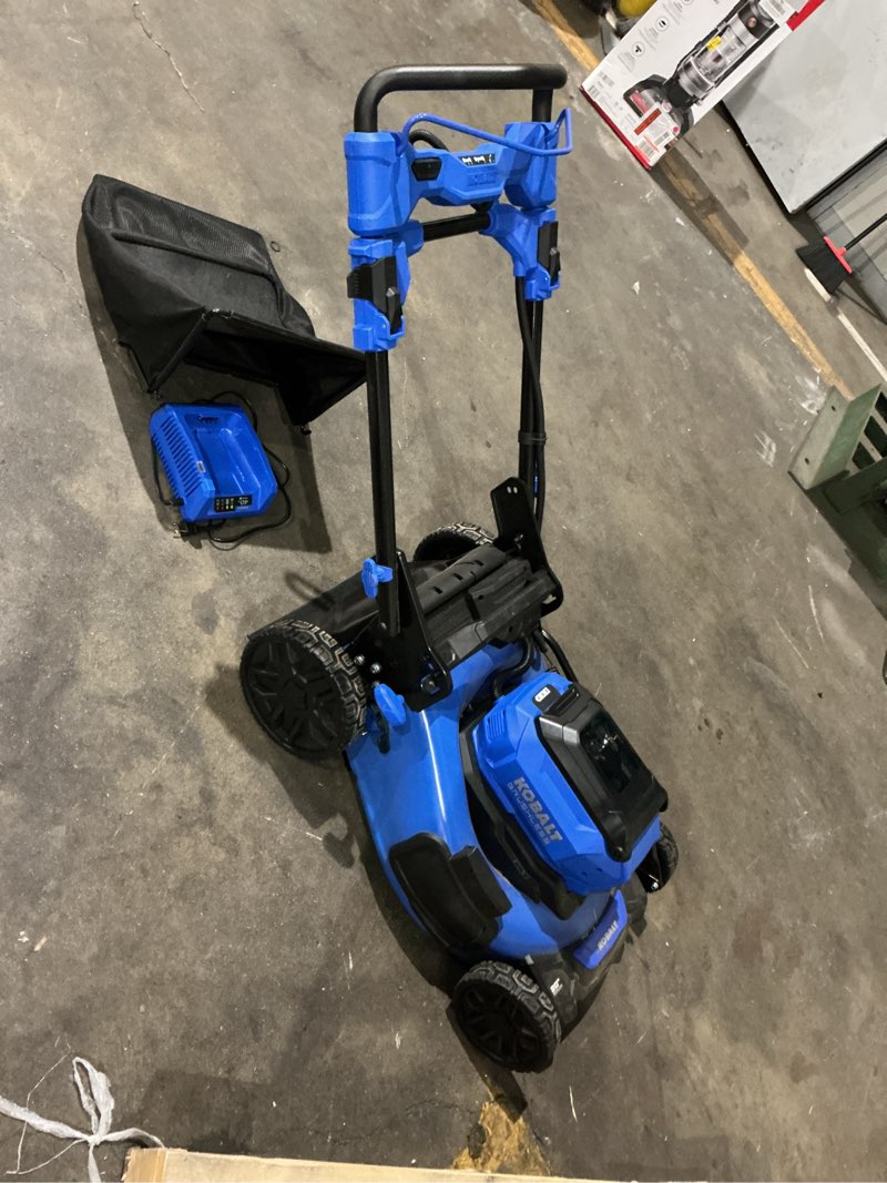 Condition photo showing As Is for kobalt gen4 40-volt, (1) 6 ah 20-in push lawn mower battery walk mower,