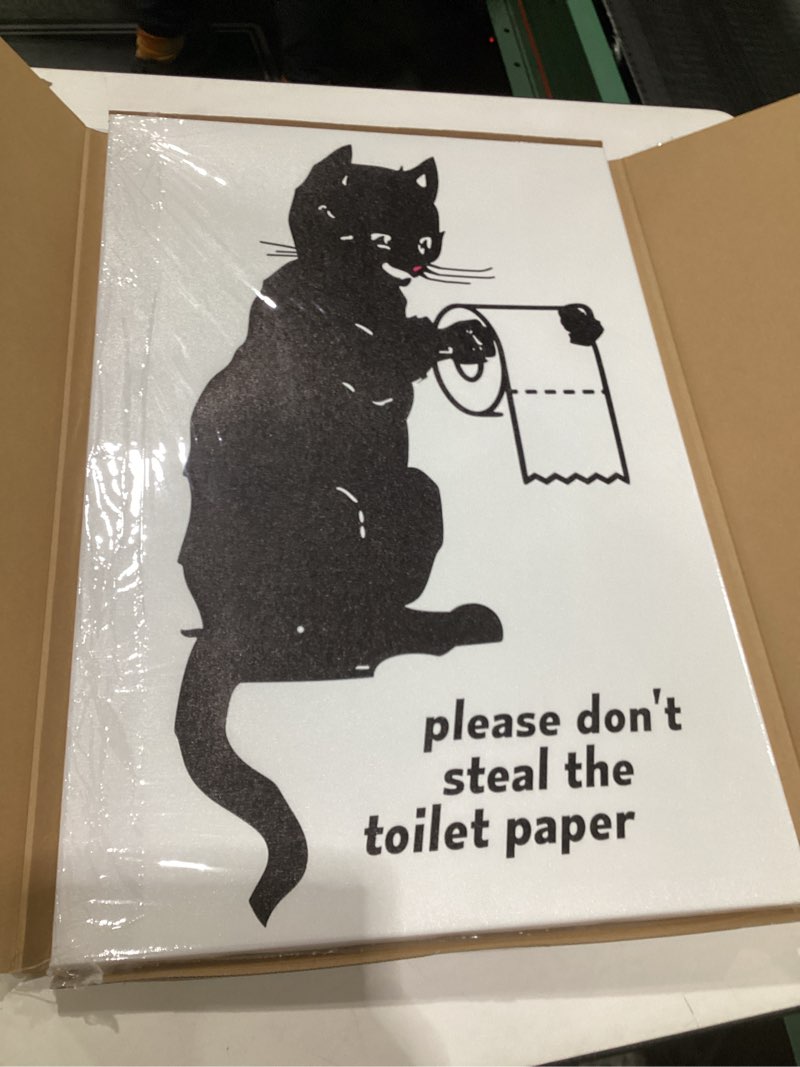 Condition photo showing Good Condition for Framed Funny Canvas Wall Art Print Please Don't Steal Paper Black Cat Poster Funny Humor Drawing Picture for Bathroom or Living Room Laundry Room Decor 12x16 Inch Ready to Hang