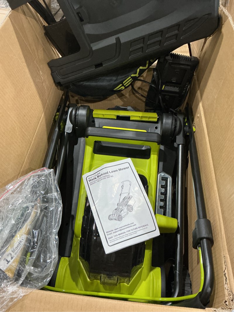 Condition photo showing Good Condition for seyvum 40v 16-inch cordless lawn mower with 45l grass collection bag, 6 position height adjustment electric lawn mower, 20v 4.0ah battery powered push lawnmower, 2.4a fast charger, grass green