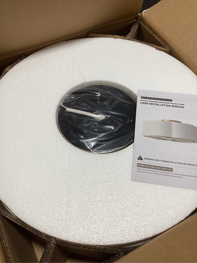 Condition photo showing New/Like New for Caged Ceiling Fan with Lights, Flush Mount 20" Boho Ceiling Fans with Lights Remote Control, Low Profile Fabric Bladeless with 6 Speeds for Bedroom, Nursery, Kitchen White