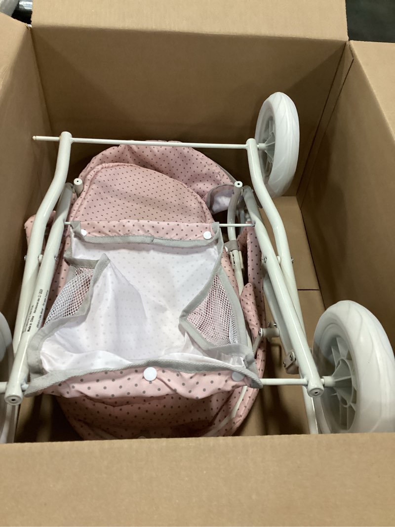 Condition photo showing New/Like New for Olivia's Little World Polka Dot Princess Baby Doll Pram Stroller with Retractable Canopy & Storage, Pink