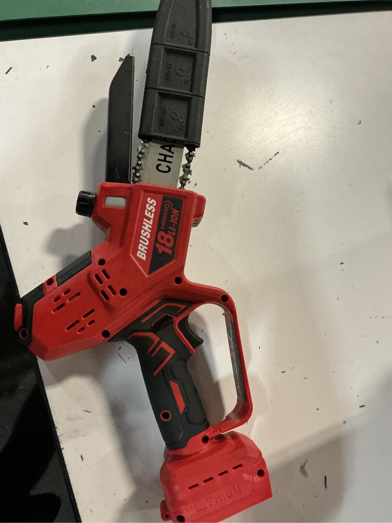 Condition photo showing As Is for mini chainsaw for milwaukee m18 battery, auto-oiler, 8-inch and 6-inch 2-in-1 brushless cordless pruning chainsaw, battery powered mini chainsaw for wood cutting, tree trimming (only tool)