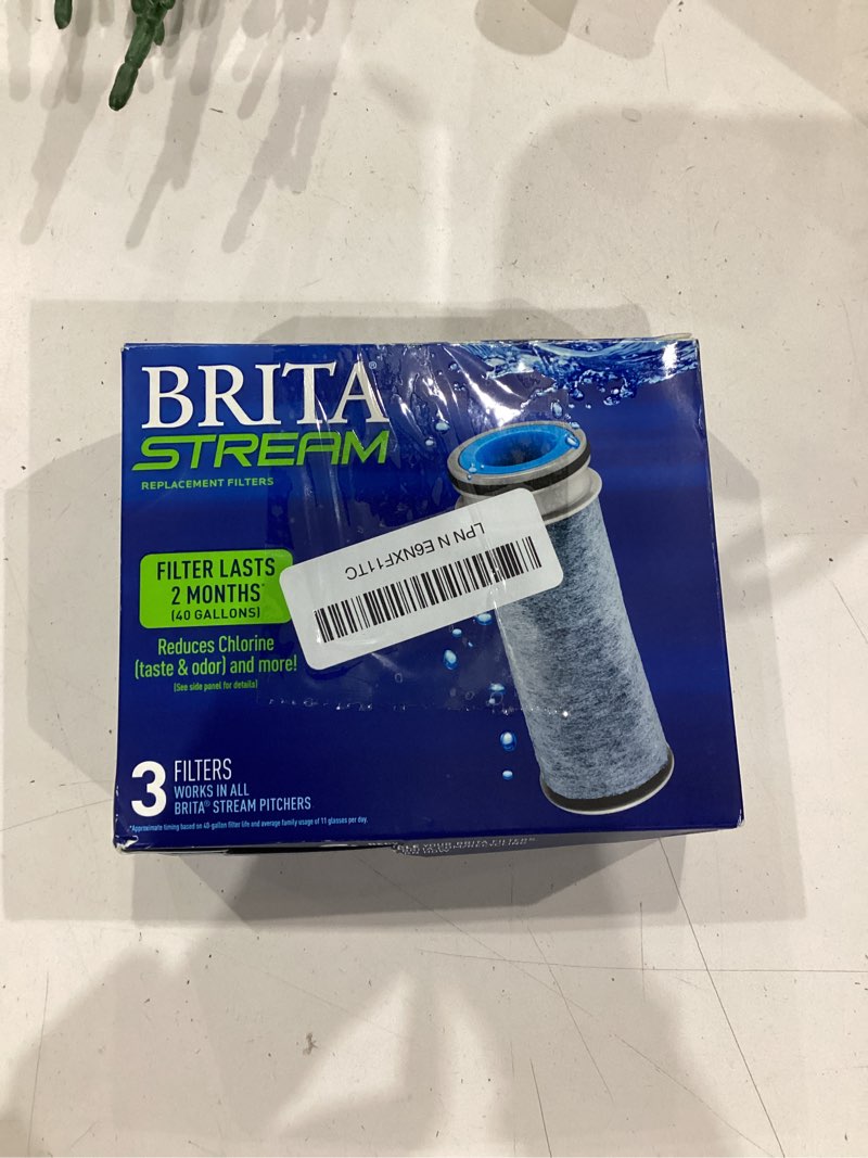 Condition photo showing New/Like New for brita stream pitcher water filter for pitchers and dispensers, bpa-free, replaces 1,800 plastic water bottles a year, lasts two months or 40 gallons, includes 3 filters 3 count