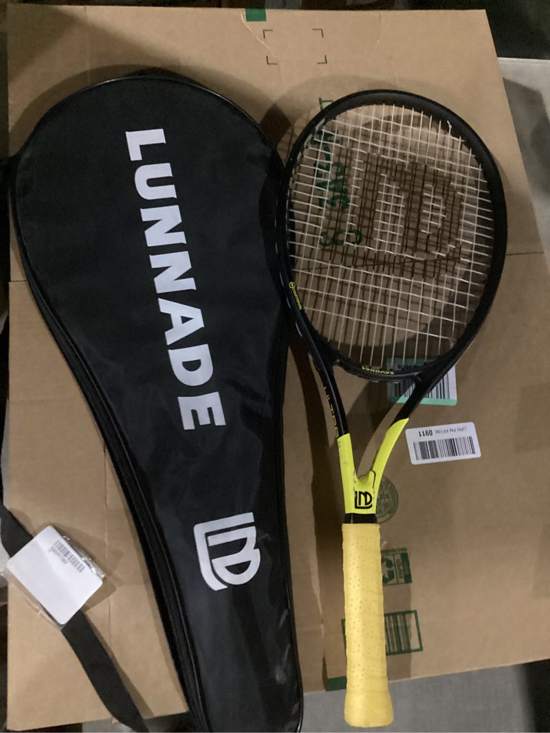 Condition photo showing New/Like New for Adults Tennis Racket 27 Inch, Shockproof Carbon Fiber Tennis Racquet Light-Weight, Pre-Strung and Regrip, Suitable for Beginners to Intermediate Players 27 Inch Black+Yellow