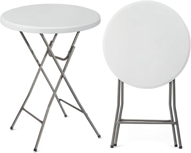 vingli 32" plastic folding round table bar height, hdpe matrial with gray metal finish, high top table for outdoor party, cafes, restaurants, backyard, dining room, wedding event,1 pack, white