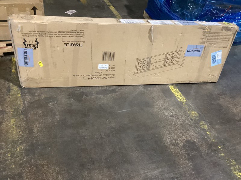 Condition photo showing As Is for Walker Edison Portsmouth Classic 2 Glass Door TV Stand for TVs up to 80 Inches, 70 Inch, Birch Birch 70 Inch Without Fireplace Stand