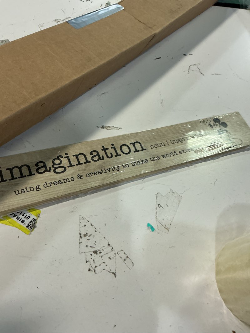Condition photo showing Good Condition for Open Road Brands Disney Mickey Mouse Imagination Definition Wood Plank Wall Decor - Inspirational Mickey Mouse Wall Art for Home Decorating Tan