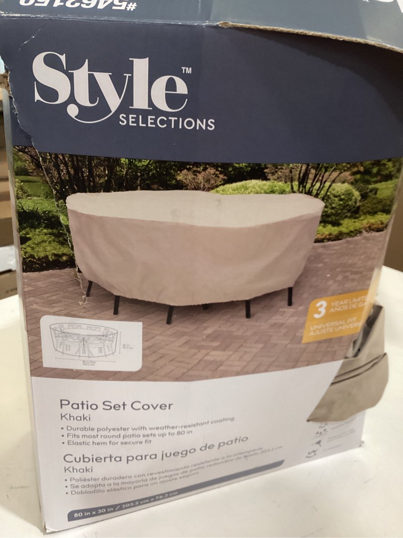 Condition photo showing As Is for style selections tan polyester patio furniture cover for dining table (round)