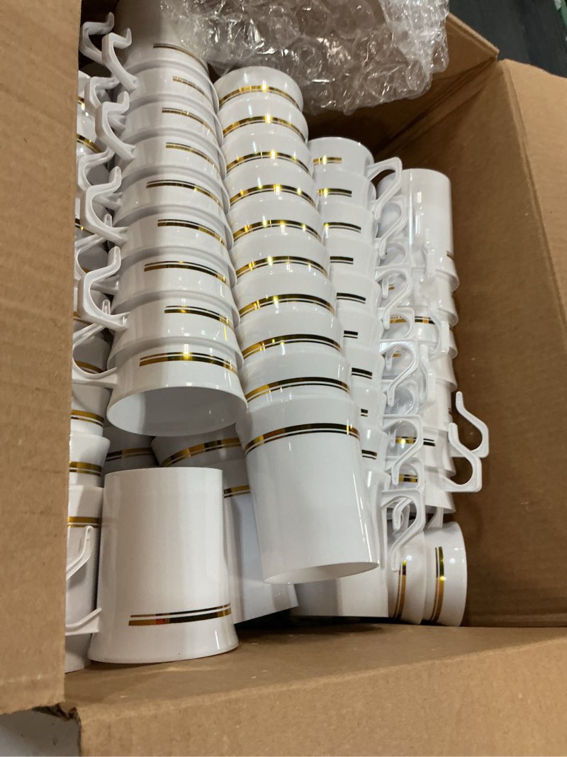 Condition photo showing As Is for bokon 100 pcs plastic tea cups bulk with handle and spoon, 8 oz reusable teacups with gold rim, white coffee mugs for bridal shower, wedding, princess tea party supplies (gold rim) 100 white