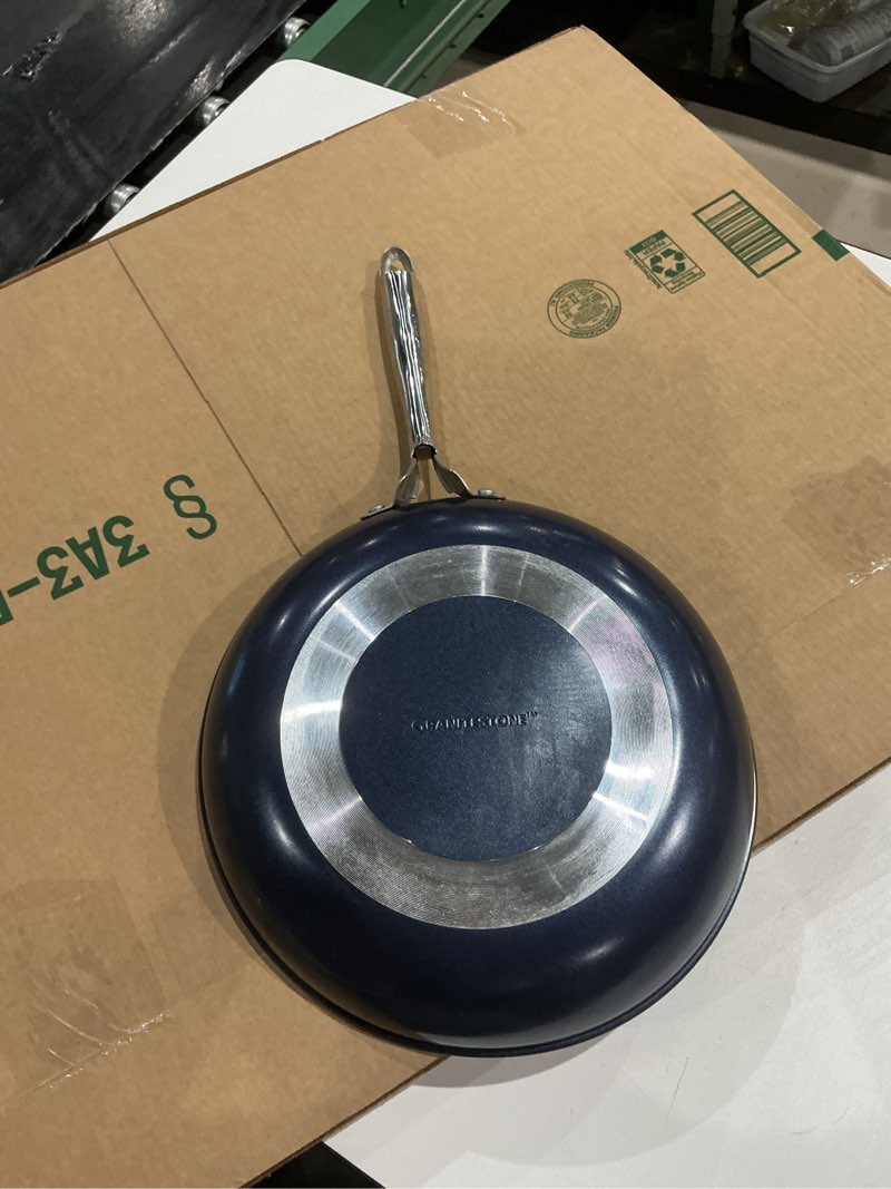 Condition photo showing As Is for blue diamond 12" nonstick frying pan with lid, diamond infused pfas & ptfe-free ceramic skillet, dishwasher & oven safe, stay cool handle, durable non toxic metal utensil safe, glass lid, blue blue 12" frying pan skillet with lid