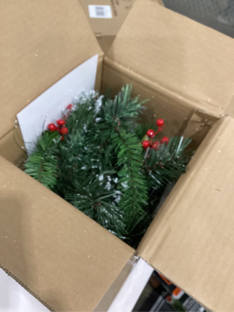Condition photo showing Good Condition for national tree company 9 ft pre-lit wintry pine flocked artificial christmas garland, christmas decoration with pinecones, red berries, 100 clear lights, 184 tips, green