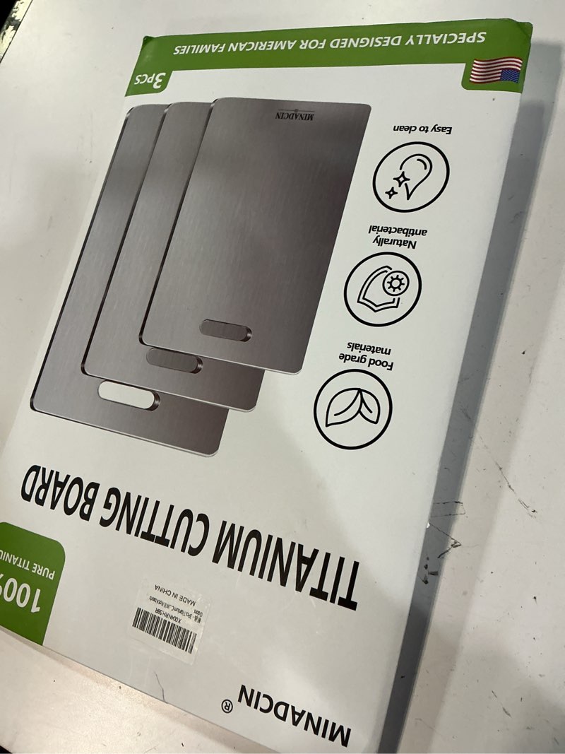 Condition photo showing New/Like New for 3Pcs Titanium Cutting Boards For Kitchen, 100% Pure Cut Titanium Cutting Board, Food Grade Quality, Double-sided non-toxic, Easy To Clean, Dishwasher Safe And Will Not Absorb Odors (12L*9W)+(14L*10W)+(18L*12W)