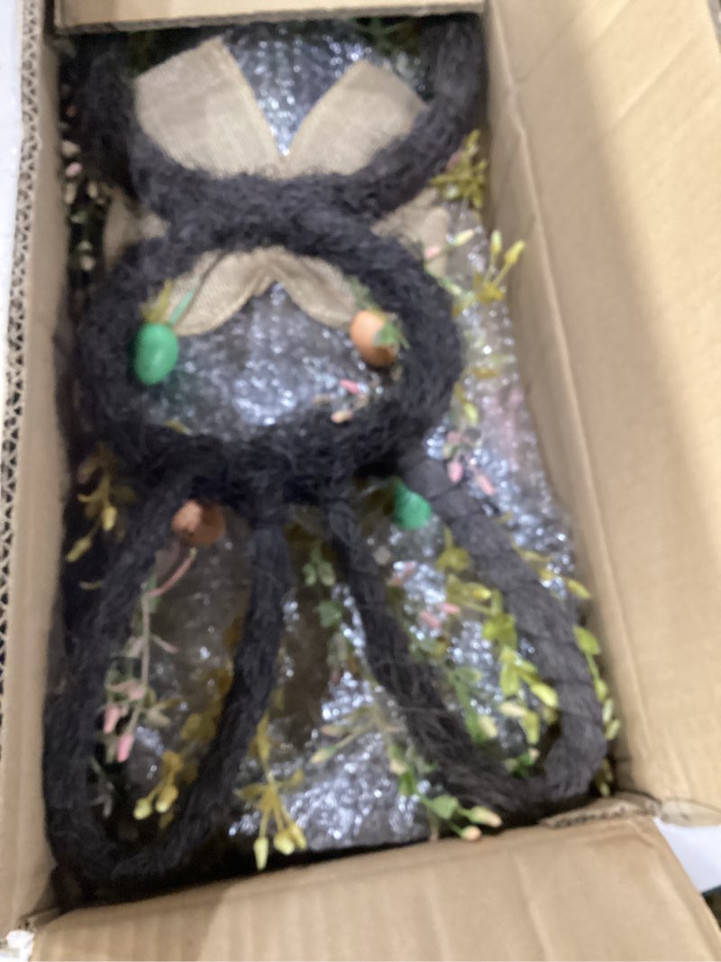 Condition photo showing As Is for 2 pack easter bunny wreath for front door - large 20 inch rabbit shaped spring wreaths with eggs and burlap bow - natural vine hanging decor for double door wall covered porch farmhouse home