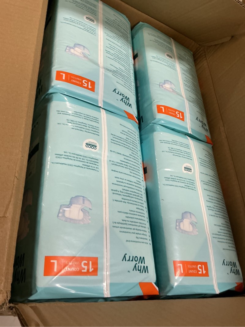 Condition photo showing New/Like New for whyworry adult diapers with tabs, disposable incontinence briefs for women & men with maximum absorbency, adult briefs for incontinence overnight, odor control, unisex, large, 60 count (4 packs of 15) large 60.0