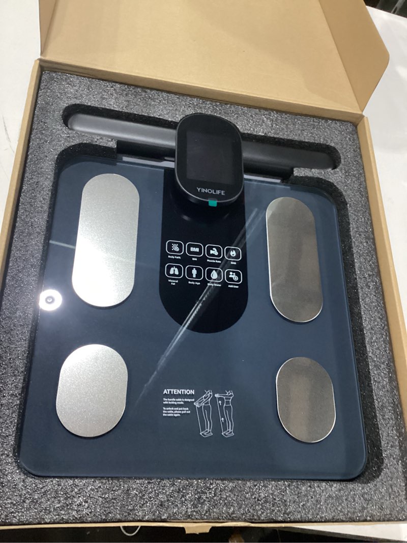 Condition photo showing Good Condition for scale for body weight, 8 electrode smart bathroom scale with bmi body fat muscle mass 28 full body composition, high precision digital weight scale with handle display, rechargeable, 400 lbs black, not tested
