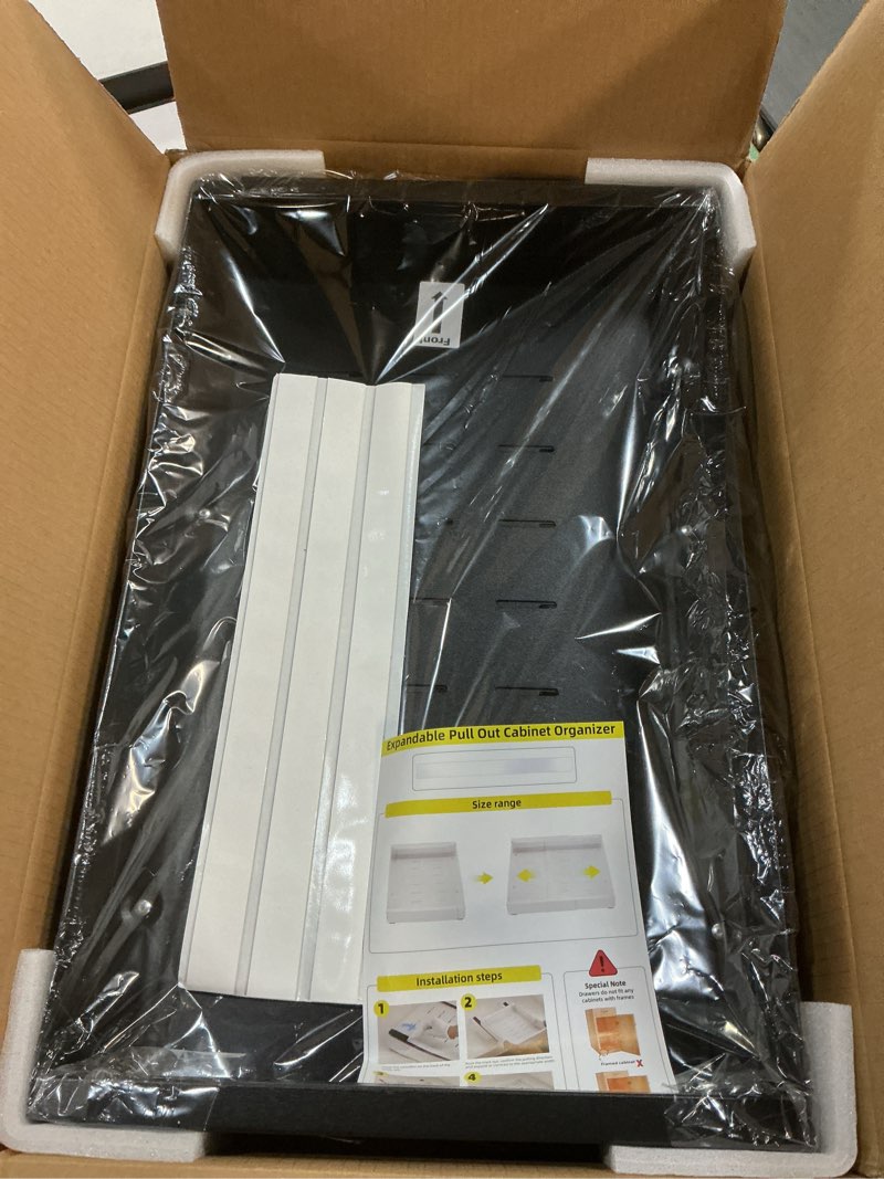 Condition photo showing New/Like New for 1 Pack Pull Out Drawers Organizer for Kitchen Cabinets, 21" Deep 12.6"-19.7" Expandable Slide out Cabinet Organizer, Sliding Cabinet Shelves for Pan and Pots Under Sink Storage Black 1 Pack 21" Deep-12.6"-19.7" Length