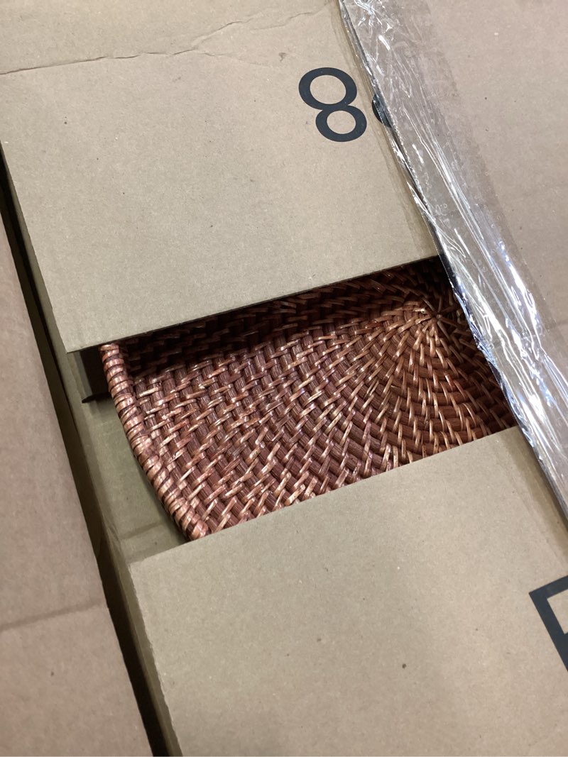 Condition photo showing New/Like New for Round Rattan Woven Serving Tray with Handles Ottoman Tray for Breakfast, Drinks, Snack for Coffee Table, Home Decorative (16.9 inch, Honey Brown) 16.9" Honey Brown