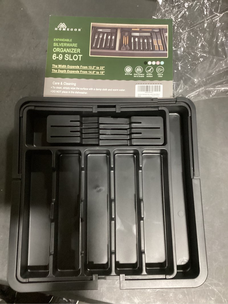 Condition photo showing New/Like New for Silverware Drawer Organizer for Kitchen, Adjustable Utensil Drawer Organizer with 2 Knife Block, BPA Free Flatware and Cutlery Holder, Expandable Plastic Storage for Spoons Forks Knives(Grey)