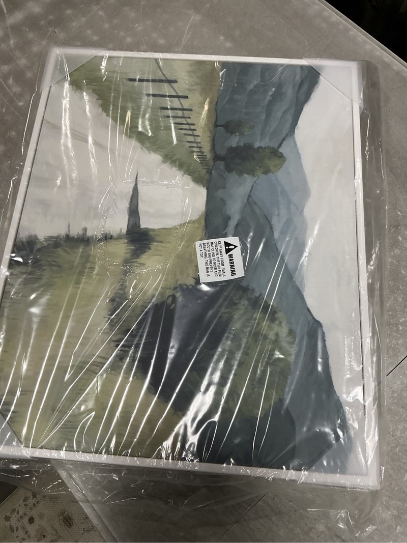 Condition photo showing Good Condition for Stupell Industries Farmland Fields Green Blue Landscape Painting, Design by Ziwei Li White Framed 30"L x 1.5"W