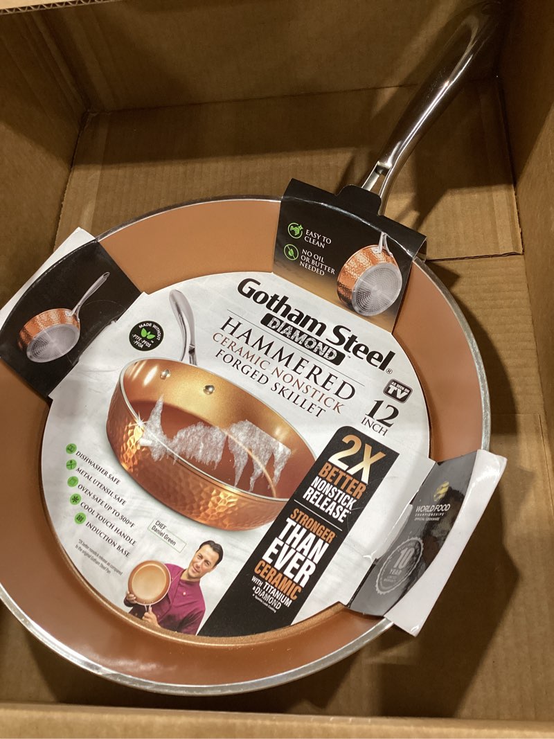 Condition photo showing New/Like New for gotham steel hammered copper 12 inch non stick frying pans with lid, frying pans nonstick with lid, non toxic ceramic pan for cooking, nonstick frying pan, induction pan, oven and dishwasher safe 12 inch frying pan with lid