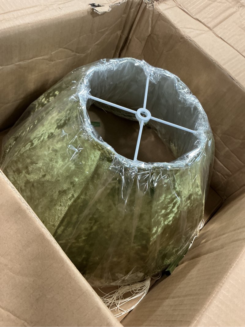 Condition photo showing New/Like New for vihose victorian scallop lamp shade vintage large 7.5" top x 15.8" bottom x 15 "high replacement lamp shade with tassels and fringe finial fitting bell shape scallop fringe(olive green) retro olive green 7.5 x 15.8 x 15 inch