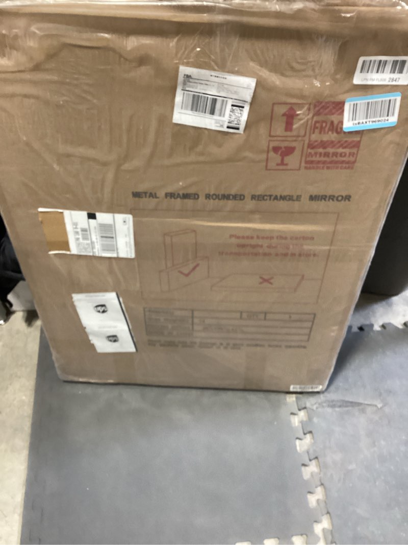 Condition photo showing Good Condition for Gold Mirror, 24x36 Inch Framed Rectangle Mirror with Rounded Corner, Brushed Brass Mirror, Gold Bathroom Mirror for Over Sink, Vanity, Living Room, Bedroom, Horizontal/Vertical Gold(dark) 24"L x 36"W