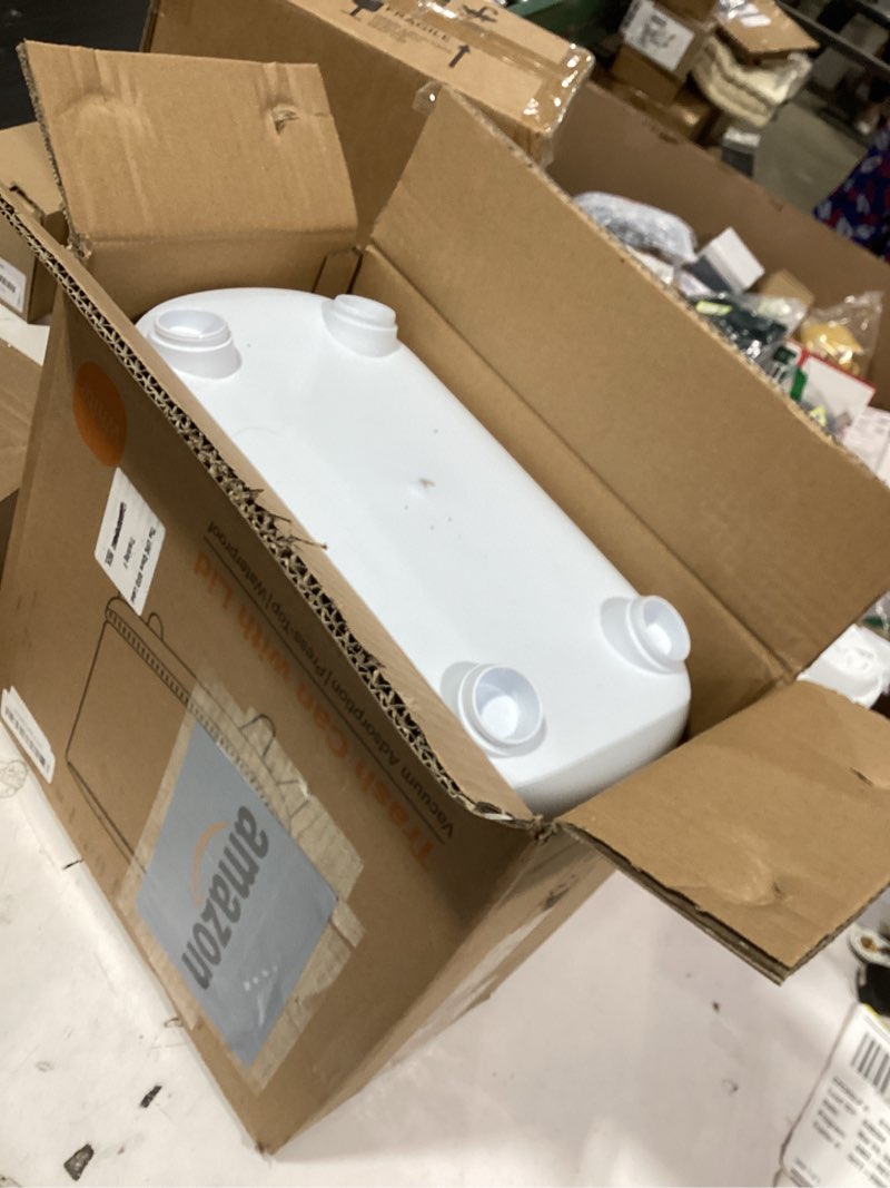 Condition photo showing As Is for bathroom trash can with lid, vacuum adsorption small garbage can 3.2 gallon press top lid trash bin with legs waterproof waste basket for bathroom bedroom office home rv 3.2 gallons white