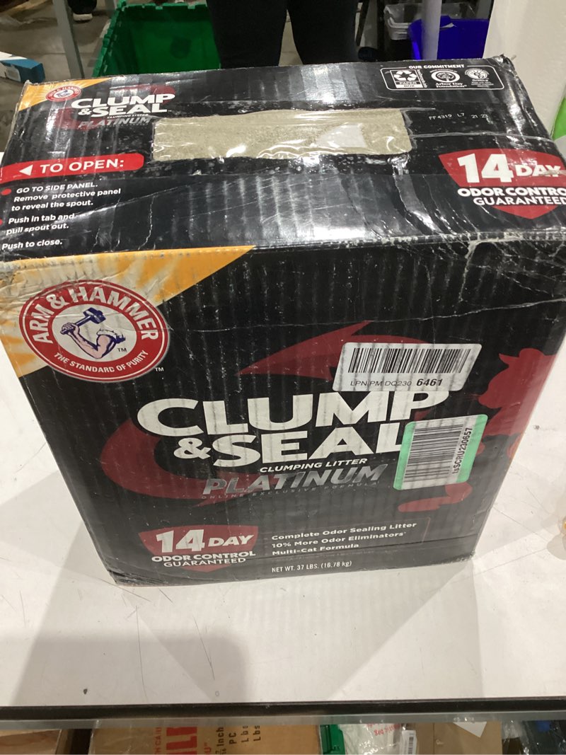 Condition photo showing As Is for ARM & HAMMER Clump & Seal Platinum Cat Litter, Multi-Cat, 14-Day Odor Control, Rock-Hard Clumps, 37 lbs – Powerful Odor Eliminator with Baking Soda Clump & Seal Platinum Clumping Cat Litter 37lb – Frustration Free Pack