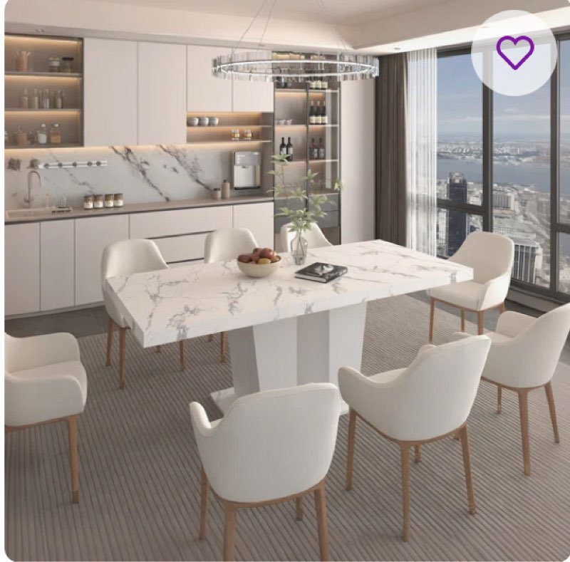 (Incomplete) Modern 6 - 10 Peopler Expandable White Faux Marble Wooden Dining Table With Dual Column Pedestal Base