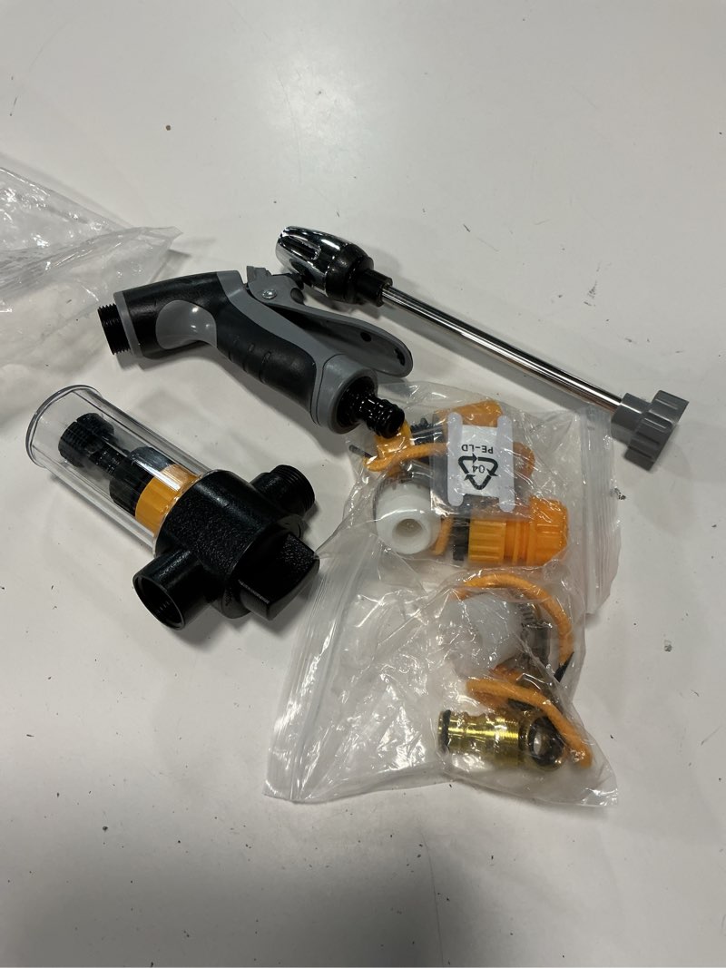 Condition photo showing Good Condition for pressure washer gun, cordless power washer, durable stainless steel, 360° rotating for three spray modes, universal compatibility