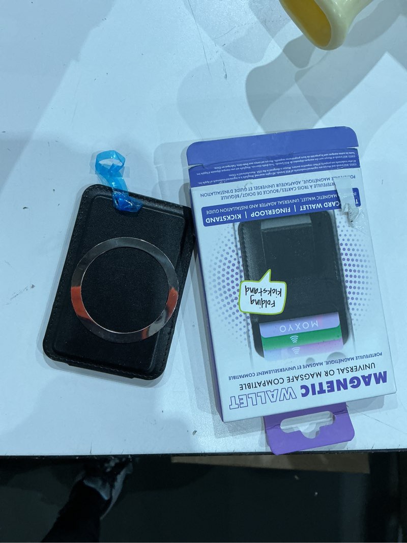 Condition photo showing As Is for moxyo wallet phone grip stand, magnetic, universal, compatible, vegan leather
