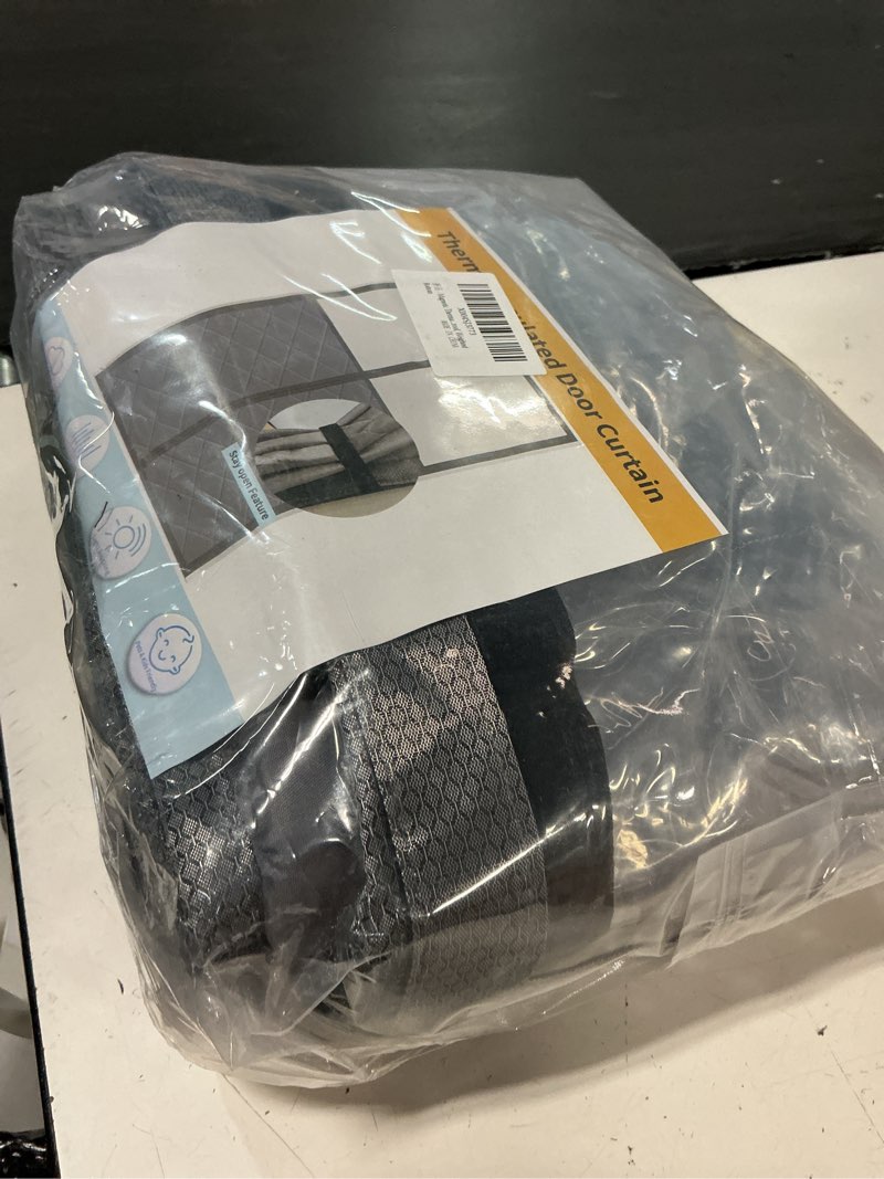 Condition photo showing New/Like New for magnetic thermal insulated door curtain, ?fit door size to72''x96'', center opening, durable oxford cloth&thicken polyester fiber fill, weatherproof, windproof, soundproof, weighted bottom gray fit door size to 72''x96''