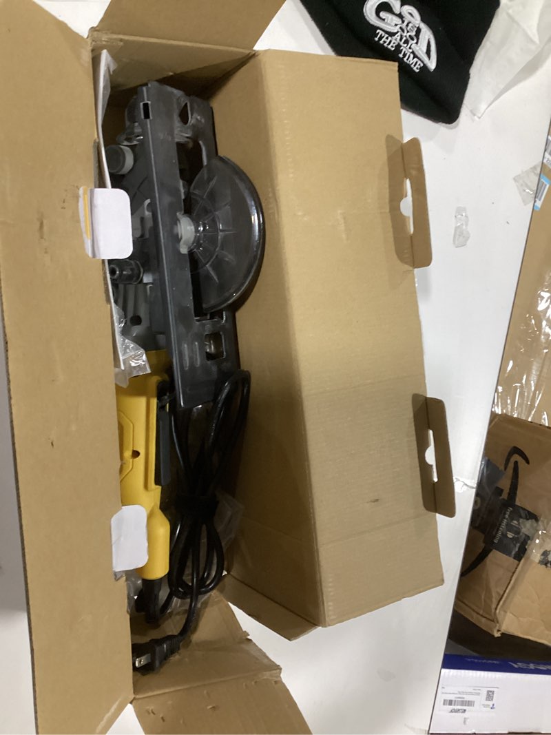 Condition photo showing As Is for (No blades)4Amp Mini Circular Saw, 3500RPM Corded Compact Saw with 4-1/2\" 24T TCT Blades, Laser Guide, Rip Guide, Vacuum Adapter and Blade Wrench, Max Cutting Depth 1-11/16\"(90°), 1-1/8\"(45°?