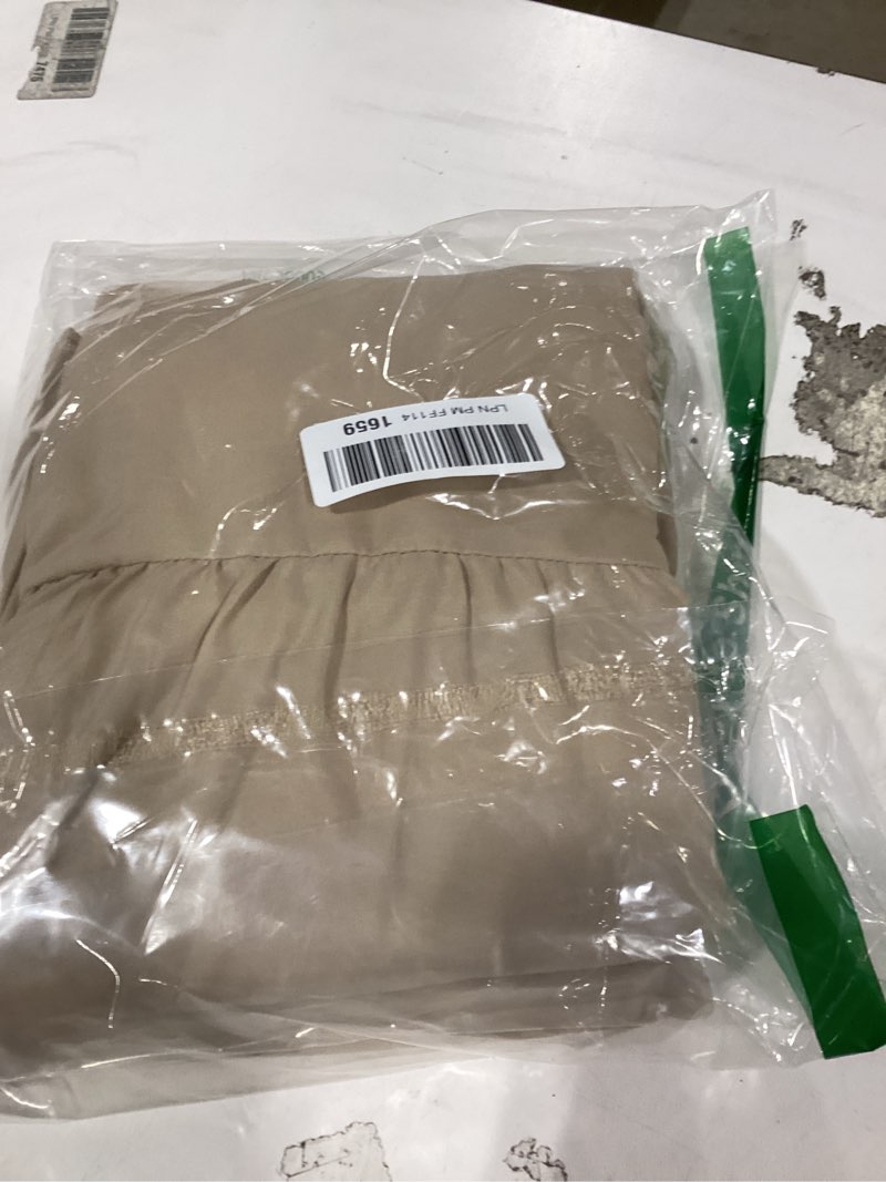 Condition photo showing New/Like New for bed skirt, full size ruffled bed skirt with split corners, 14 inch drop dust ruffle bed skirt with platform, full -14 inch, light camel light camel 14''full
