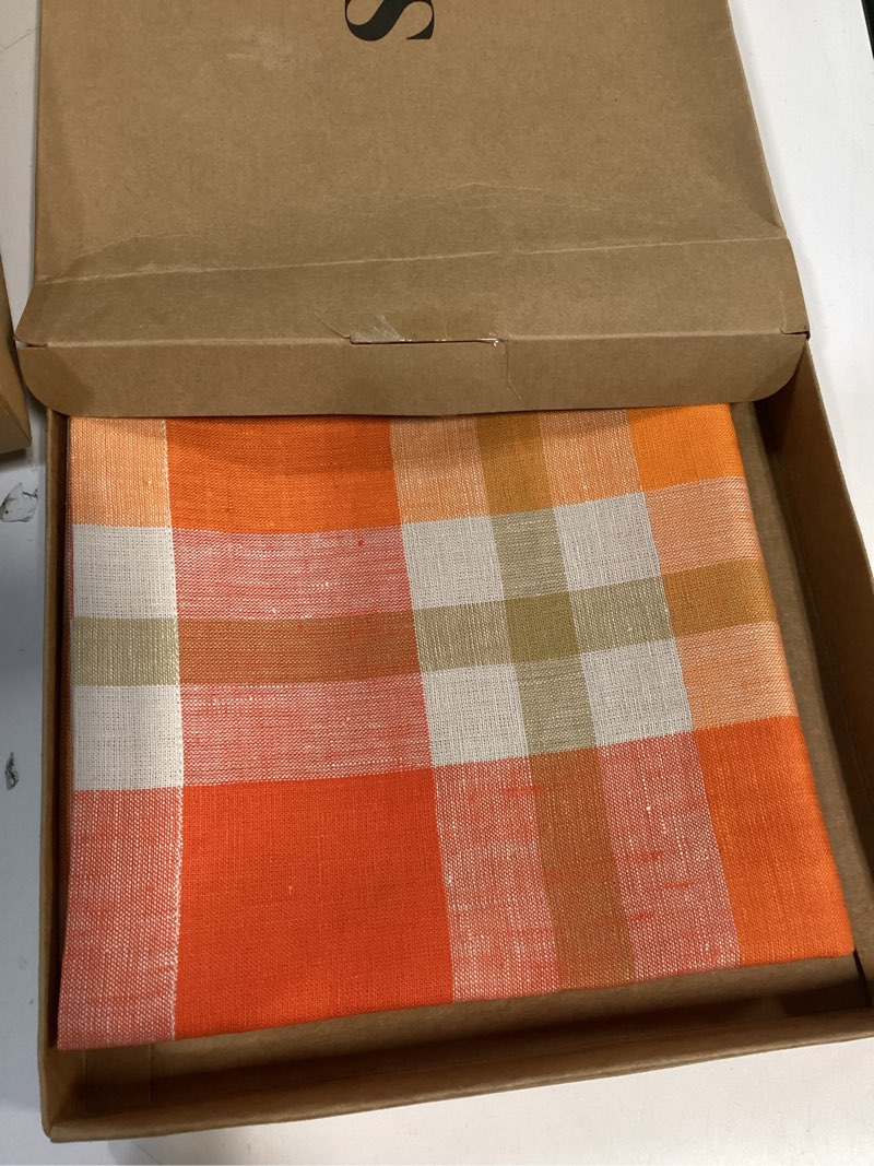 Condition photo showing New/Like New for Solino Home Linen Round Tablecloth 60 Inch - 100% Pure Linen Plaid Table Cloth - Fall Buffalo Check Machine Washable Tablecloth Pumpkin 60" (Round)