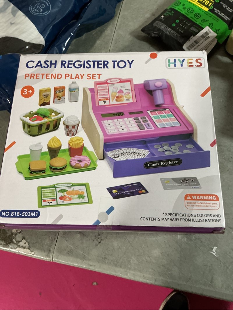 Condition photo showing As Is for hyes cash registers for kids, rechargeable pretend play toys supermarket & fast food restaurant, cashier toy with play money, pretend food, birthday gifts for kids boy & girl age 4-8, pink