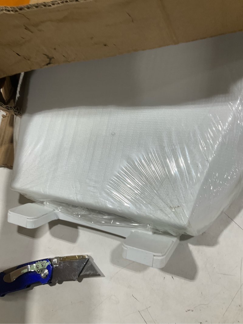 Condition photo showing Good Condition for heavy duty open front elongated toilet seat, soft close white | soft close toilet seat | elongated open front design | 4 non-slip bumpers | heavy duty plastic | commercial & residential