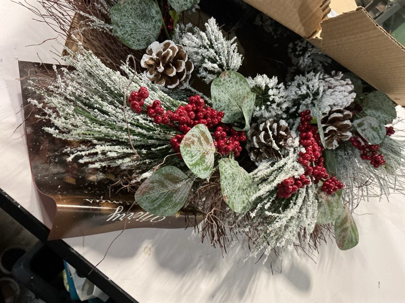 Condition photo showing Good Condition for 26” Christmas Wreath with Hanger Lights for Front Door Outdoor Porch Frosted Branches Snowy White Pine Needles Cones Berry Clusters Winter Décor Indoor Wall Decorations