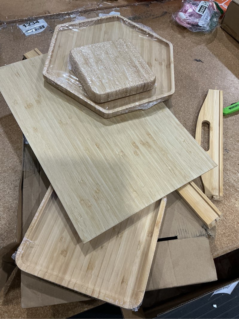 Condition photo showing As Is for bamboo serving trays charcuterie platter 16.5"x11.8"?42x30cm with handle, set includes 1xhexagon 12.5"(32cm)+1xsquare 7.8"(20cm)+1xsquare 5.9"(15cm) small plates for family dinner 1hexagon+2square